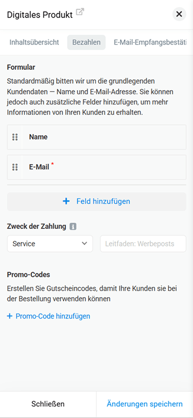 Tab mit Checkout-Einstellungen im Block „Digitale Produkte“ in Taplink