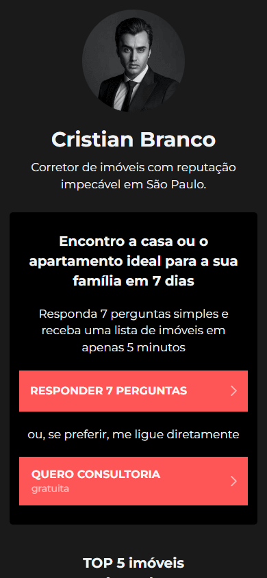 Parte superior do exemplo de Linktree para um negócio imobiliário