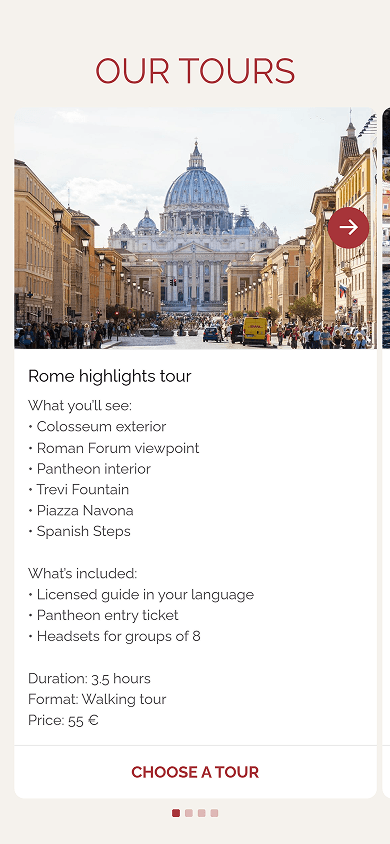 Middle of a tour operator’s website with tour cards