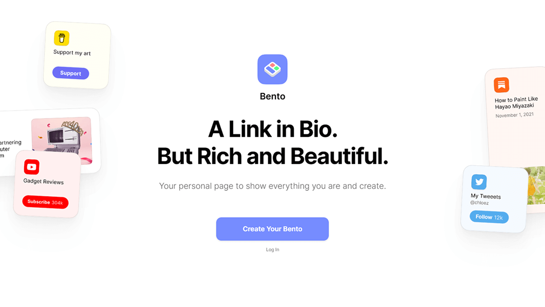 The Bento.me link in bio tool homepage