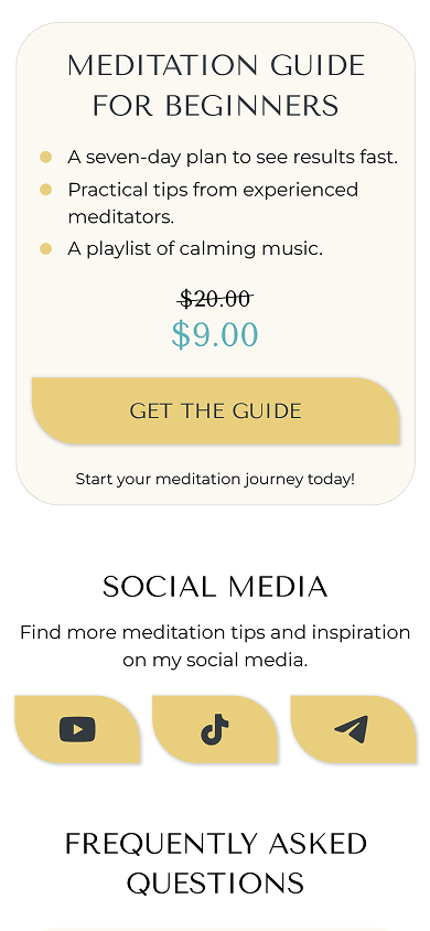 Bottom of a meditation coach’s page with matching cream sections and yellow buttons