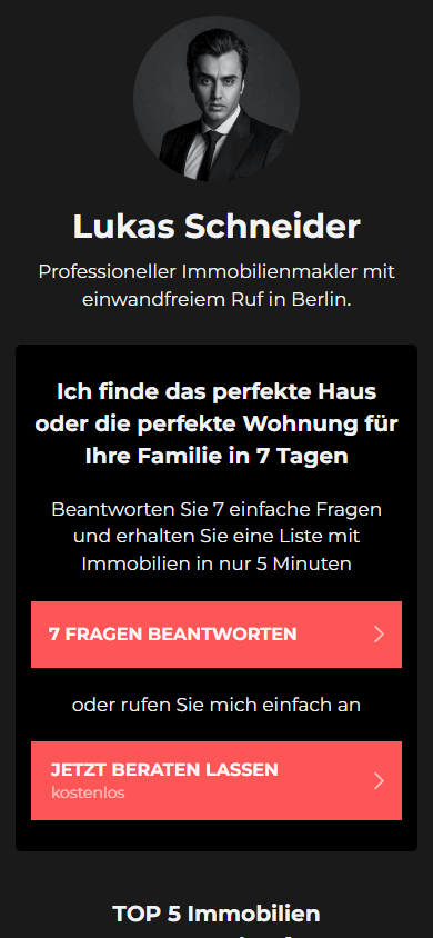 Der obere Bereich des Linktree-Beispiels für ein Immobilienunternehmen