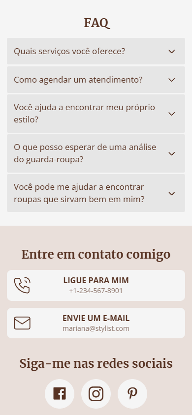 Parte da página criada com o Taplink AI que exibe uma seção FAQ, botões de contato e de redes sociais