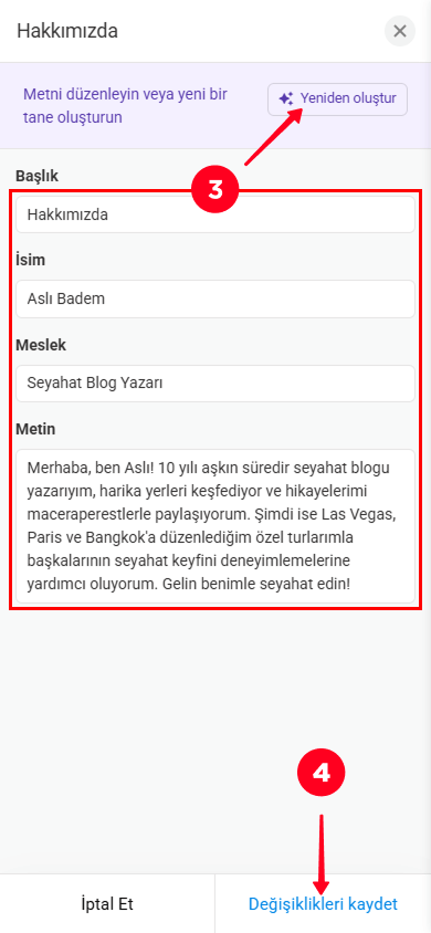 Metni düzenleme, Yeniden oluştur düğmesine dokunma ve Hakkımızda bölüm ayarları penceresinde değişiklikleri kaydetme