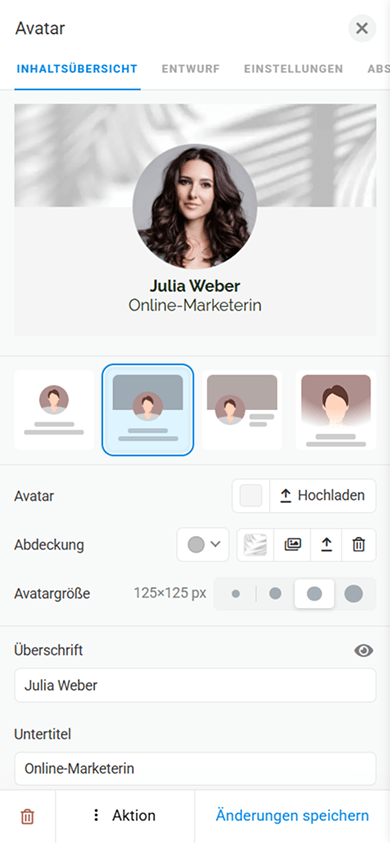 Seite zur Anpassung des Inhalts des Blocks „Avatar“ in Taplink