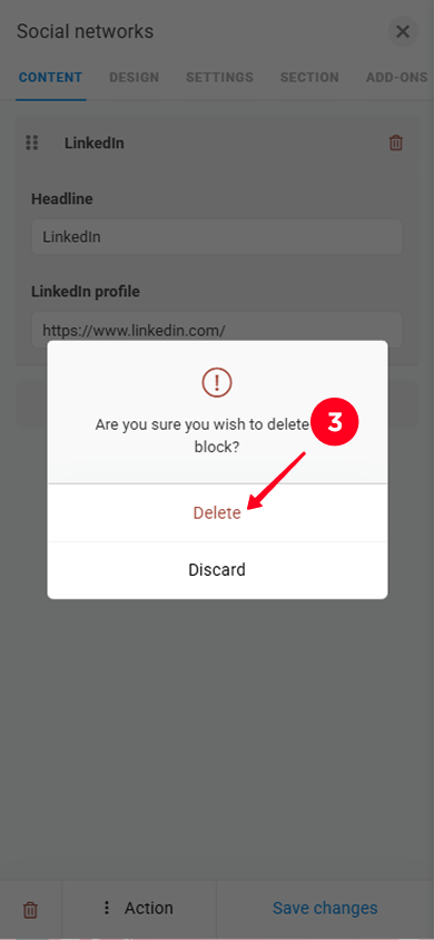 Selecting Delete in the block deletion pop-up window in Taplink