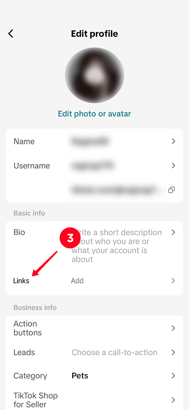 Selecting the Links field on the profile settings page in TikTok