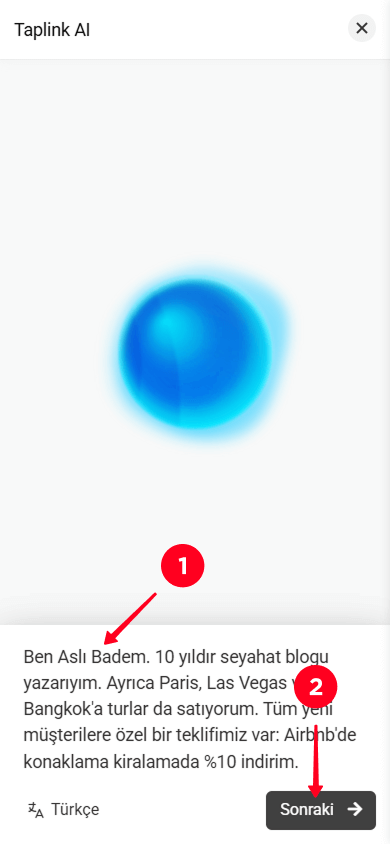 İş açıklamasını girme ve Taplink AI’da Sonraki düğmesine dokunma