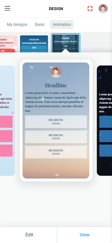 Animated blue-and-yellow design theme in Taplink