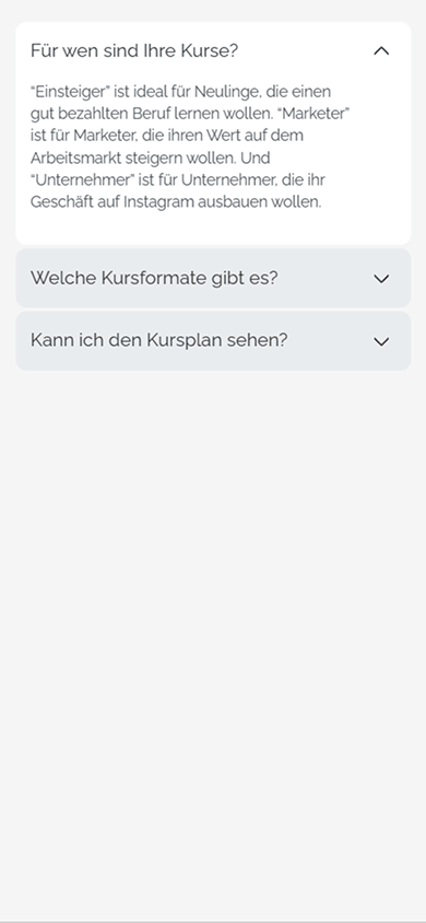 Drei Fragen und Antworten, erstellt mit dem Block „FAQ“ von Taplink