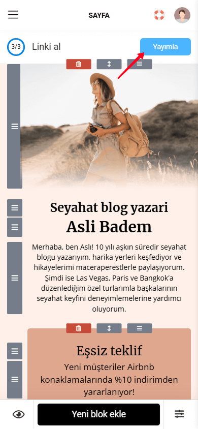 Taplink sayfa düzenleyicisinde Yayınla düğmesine dokunma