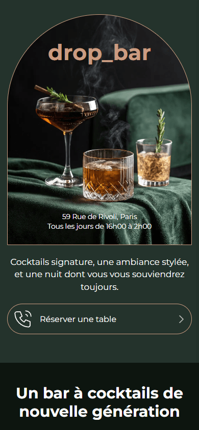 Partie supérieure de l’exemple de page de link in bio d’un bar