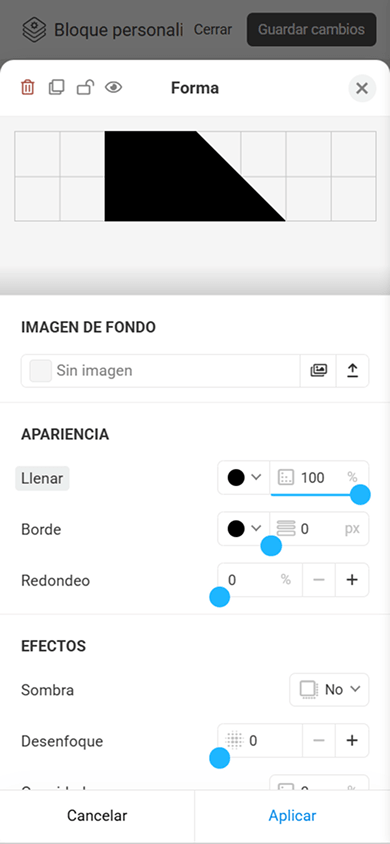 Configuración de la imagen de fondo, la apariencia y los efectos del elemento Forma en el Bloque personalizado