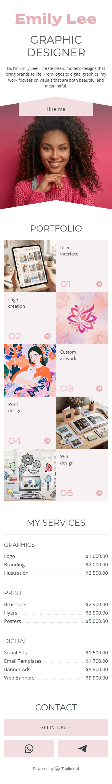 An example of the graphic designer’s digital portfolio built with the Taplink mobile website builder
