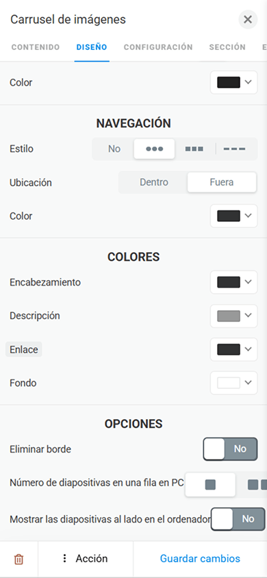 Pestaña de configuración del diseño del bloque Carrusel de imágenes en Taplink