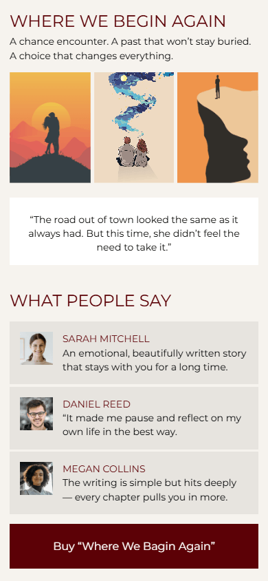Section of the book subpage of the writer’s Tap Bio-style page featuring the Media and text block