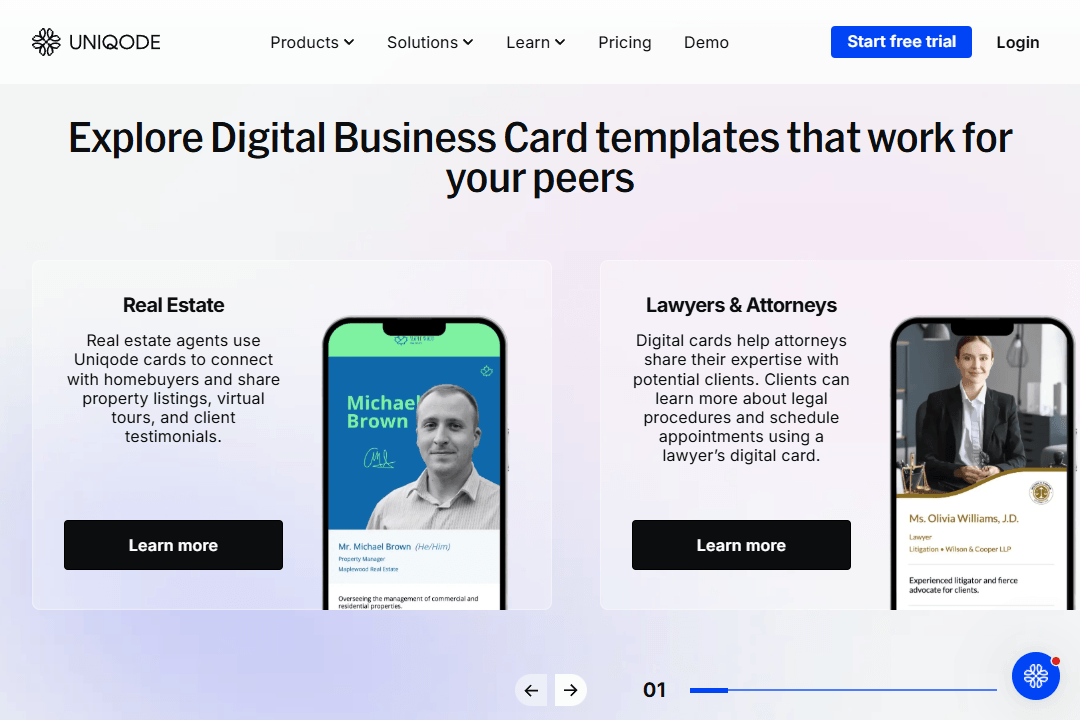 Digital business card templates and text descriptions on the Uniqode homepage