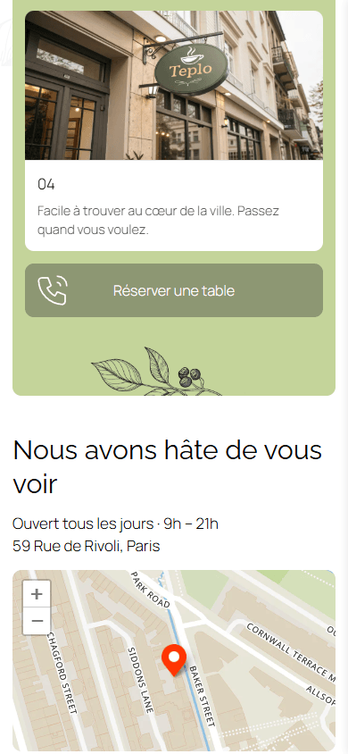 Partie inférieure de l’exemple de page d’un café