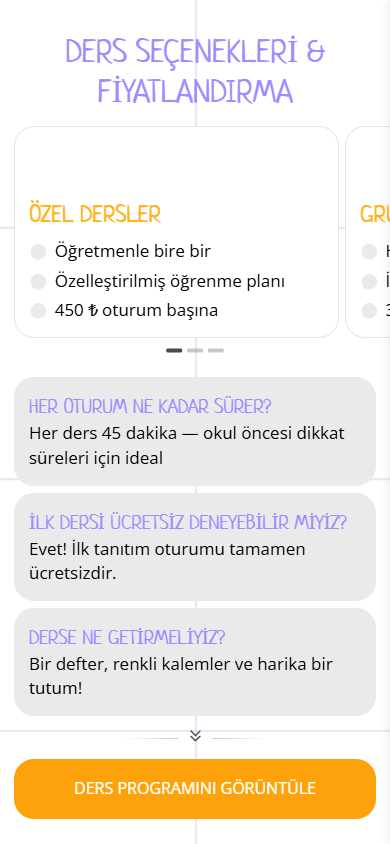Çocuklara yönelik okulun bio link sayfası örneğinin orta kısmı
