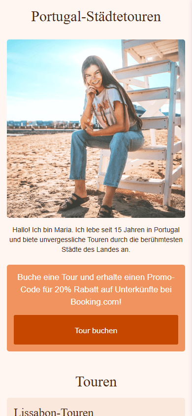 Der obere Bereich des Linktree-Designs für Reisende