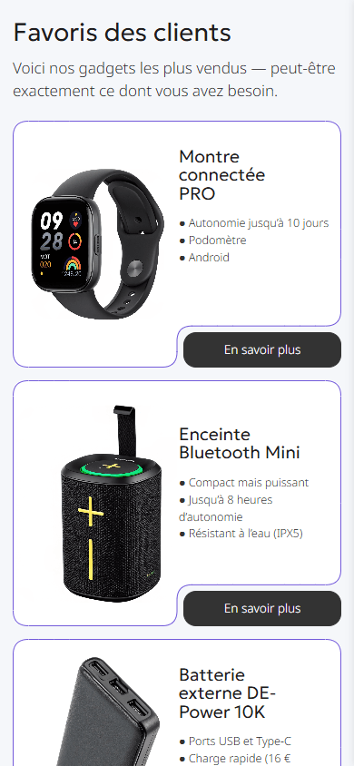 Partie centrale de l’exemple de page de link in bio d’une boutique de gadgets