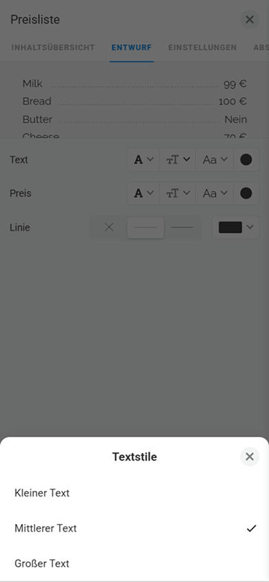 Fenster zur Anpassung des Textstils im Block „Preisliste“