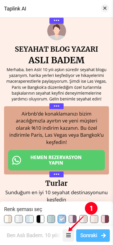 Taplink AI düzenleyicisinde bölüm Ayarlarını açma