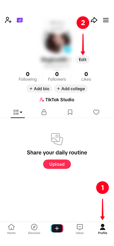 Tapping the profile icon and going to the Edit tab in the TikTok app