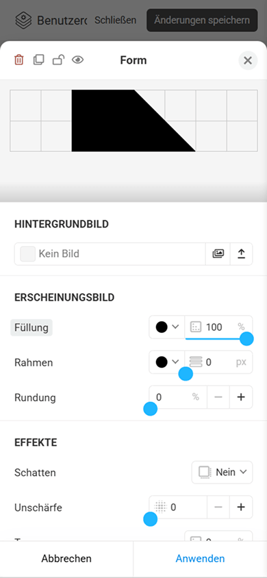 Einstellungen für Hintergrundbild, Aussehen und Effekte des Elements „Form“ im Block „Benutzerdefinierter Block“