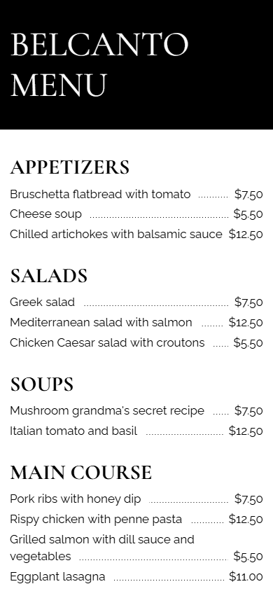 Separate restaurant menu page with dishes grouped by category