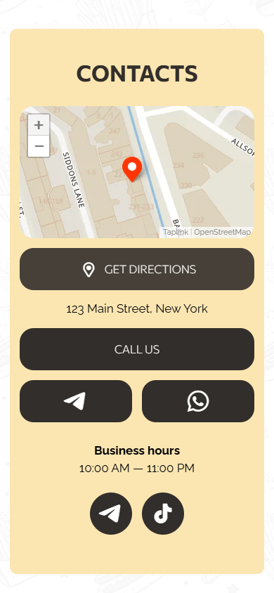 Bottom of the burger joint’s Taplink page featuring a heading, a map, buttons, and text