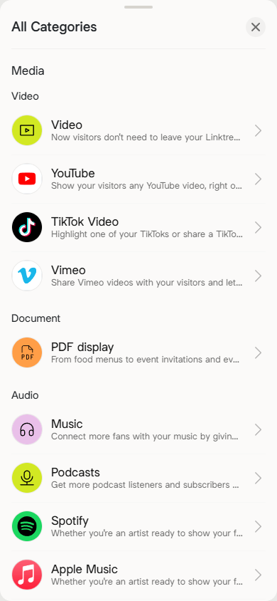 Media blocks available in the Linktree block library