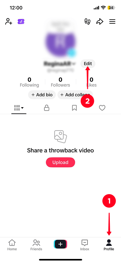 Tapping the profile icon and the Edit button in TikTok