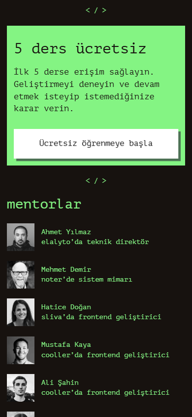 IT akademisi Linktree örneğinin orta bölümü