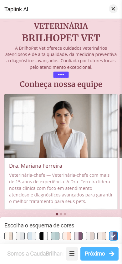 Uma página com um design rosa gerada com o Taplink AI