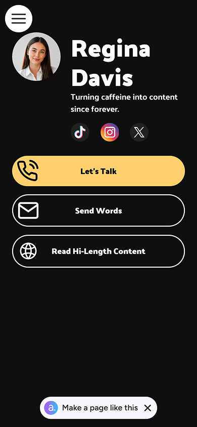 Atom.bio link in bio page with one button highlighted in yellow
