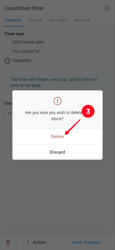 Selecting Delete in the pop-up window in the Timer settings