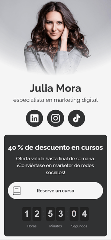 Parte superior de la página de Taplink de un especialista en marketing digital, con los bloques Imagen de usuario, Texto, Redes sociales, Enlace y Temporizador