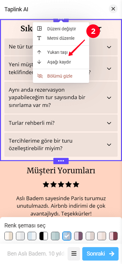 Bölüm ayarları menüsünde Yukarı taşı ve Aşağı kaydır seçeneklerini seçme