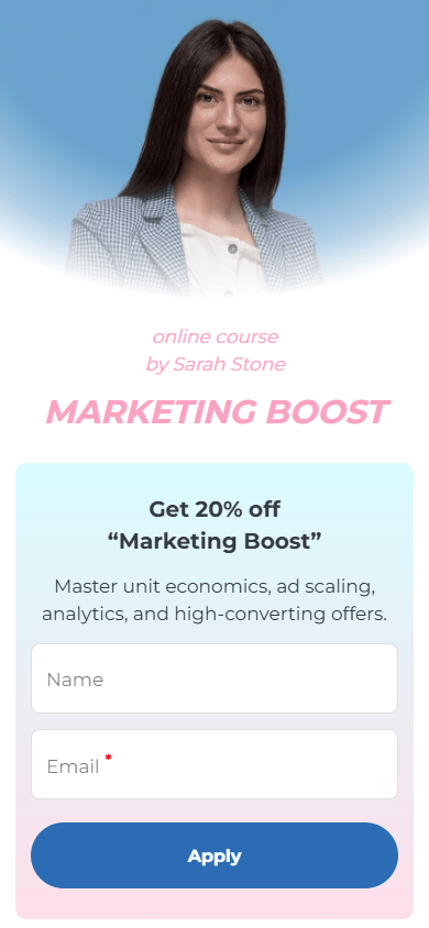 Top of the digital marketer’s landing page created in Taplink’s AI landing page builder