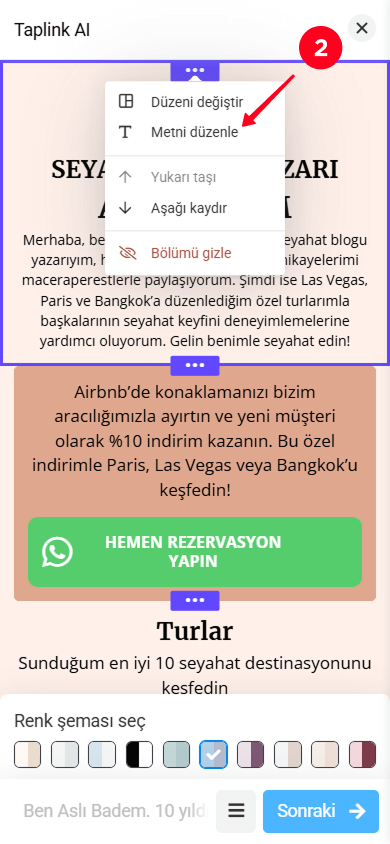 Bölüm ayarları açılır menüsünden Metni düzenle seçeneğini seçme