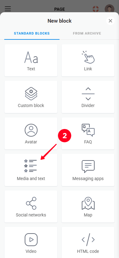 Selecting Media and text from the New block menu