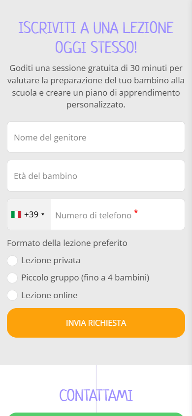 Parte inferiore della pagina di link in bio di una scuola online