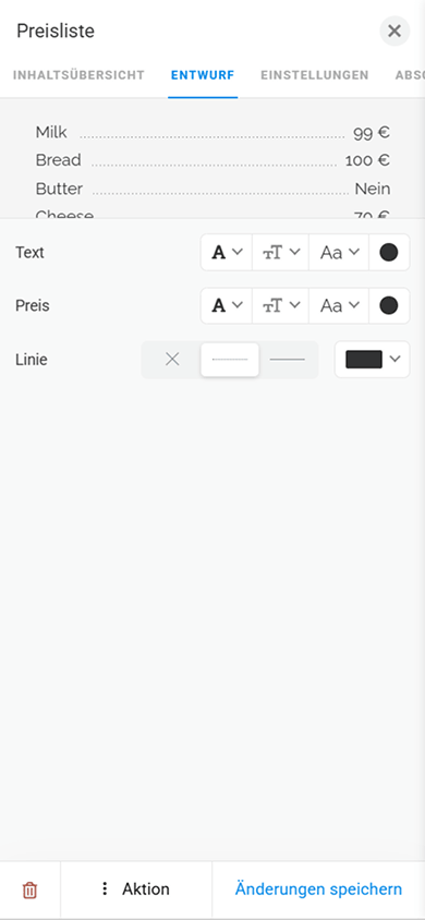 Designeinstellungen des Blocks „Preisliste“ im Link-in-Bio-Tool Taplink