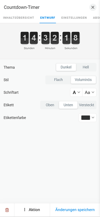Seite mit Designeinstellungen der Zeitschaltuhr in Taplink