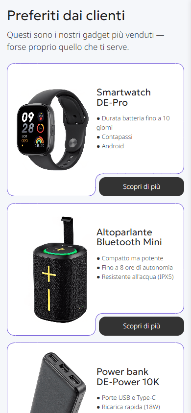 Parte centrale dell’esempio della pagina di link in bio di un negozio di gadget