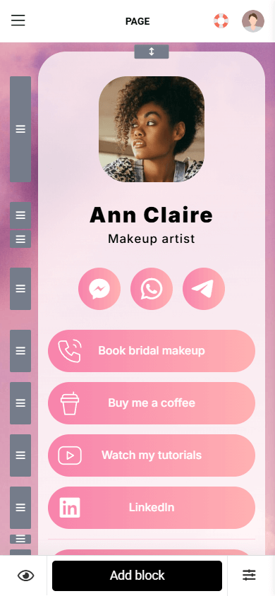 A link tree in the Taplink editor with all content blocks edited
