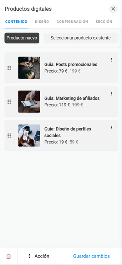 Página de configuración del bloque Productos digitales en Taplink