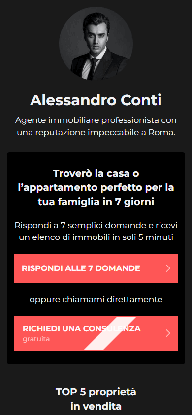 Parte superiore dell’esempio di Linktree per un’attività immobiliare