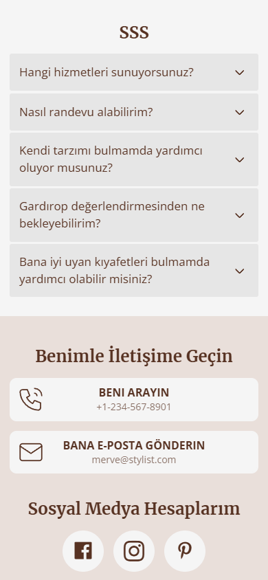 Taplink AI ile oluşturulan ve bir SSS bölümü, iletişim ve sosyal medya düğmelerini gösteren sayfanın bir kısmı